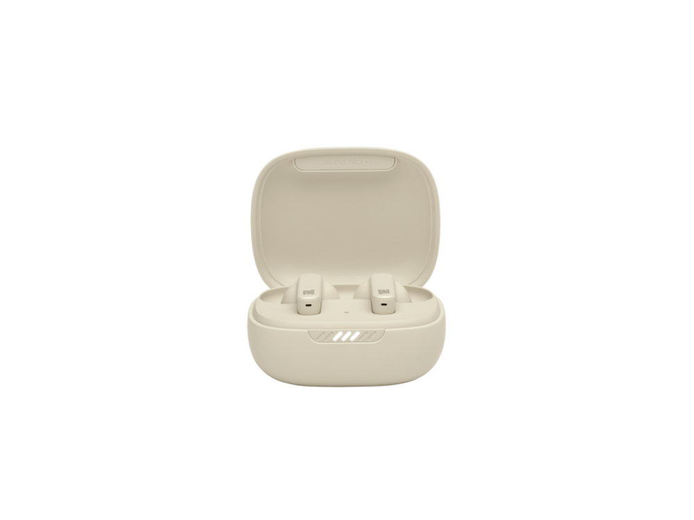 Auriculares inalámbricos beige en un estuche de carga abierto sobre fondo negro.