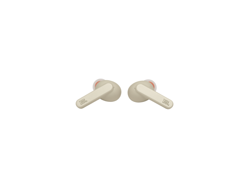 Dos auriculares JBL blancos, cada uno con un acento naranja, sobre fondo negro.
