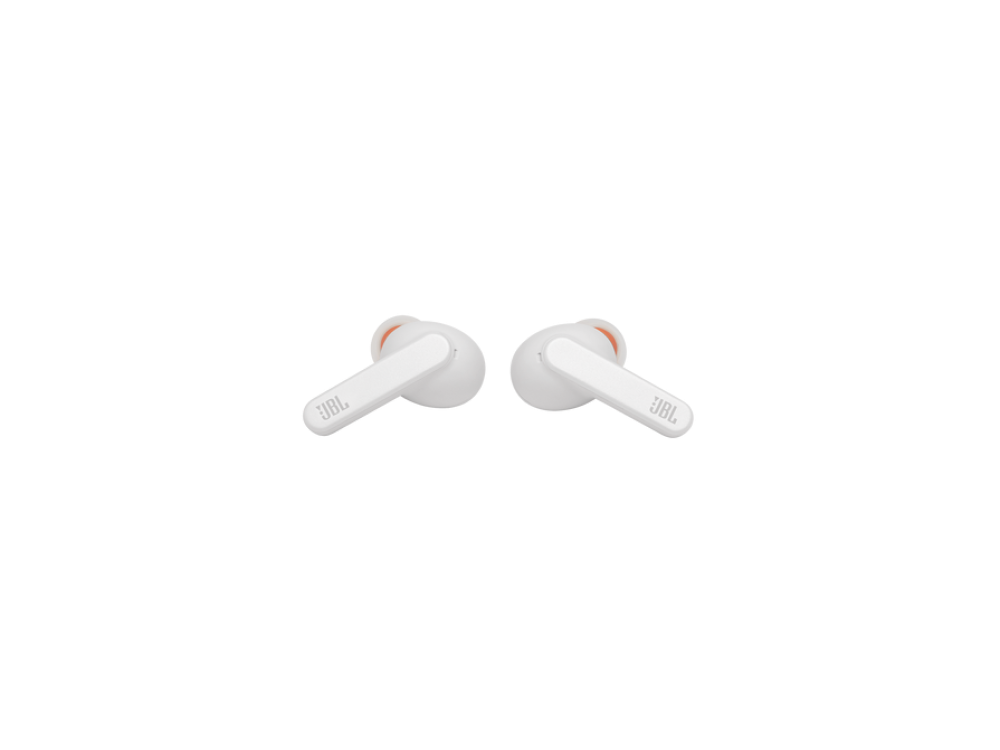 Dos auriculares inalámbricos blancos. Cada uno tiene un logotipo de JBL y detalles en naranja.