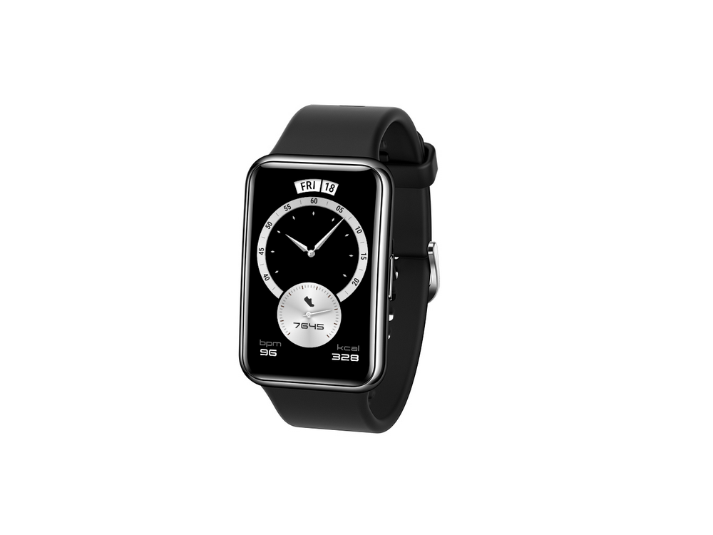 Smartwatch negra con correa negra sobre fondo blanco.