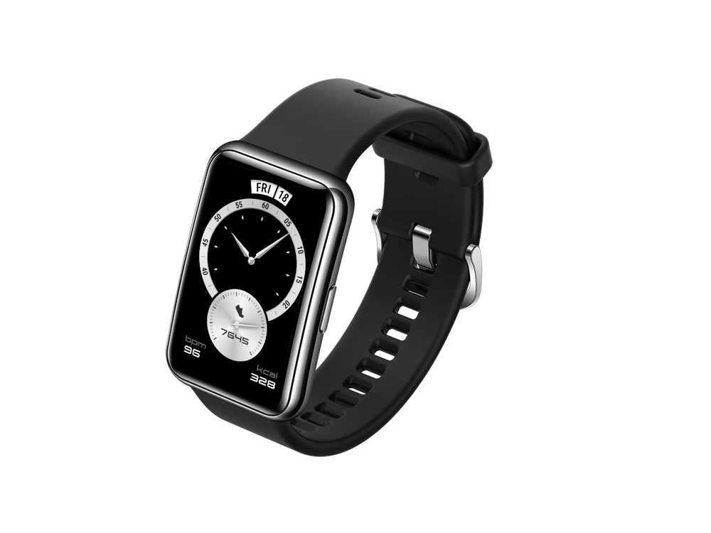 Reloj inteligente negro con correa negra. La pantalla muestra hora, fecha y métricas de salud.