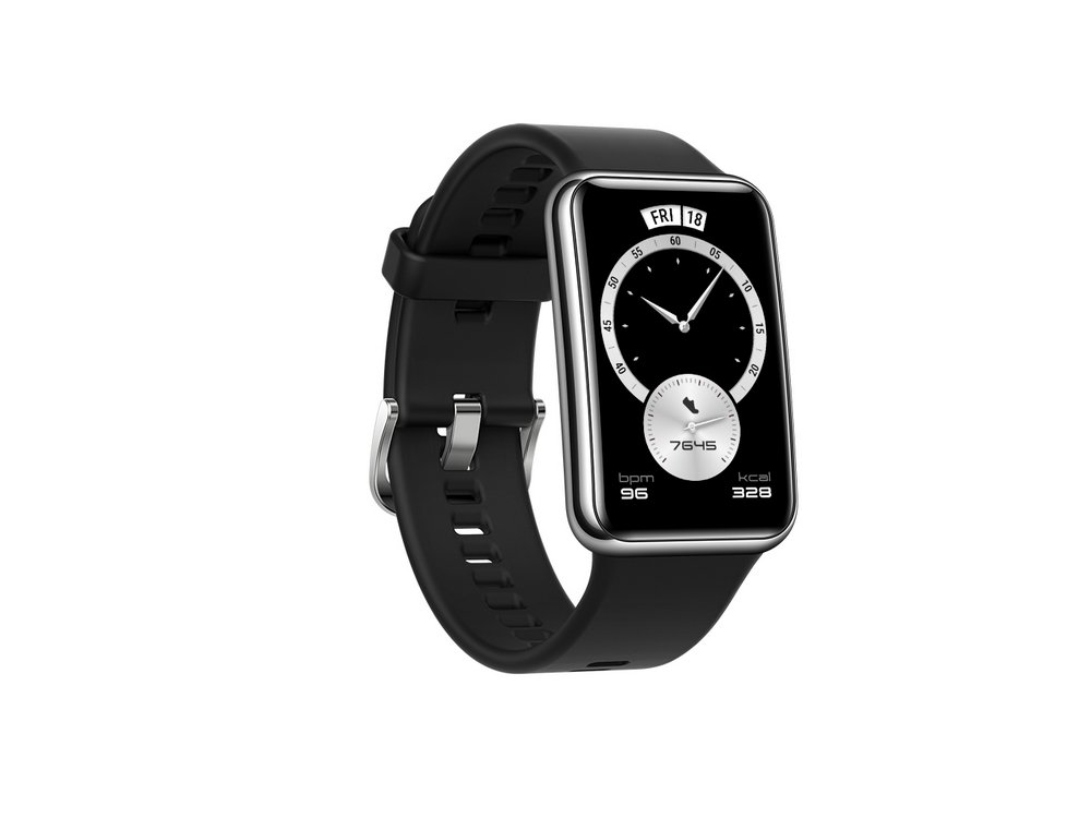 Un reloj inteligente negro con una correa negra. La pantalla muestra la hora, la fecha y métricas de salud.
