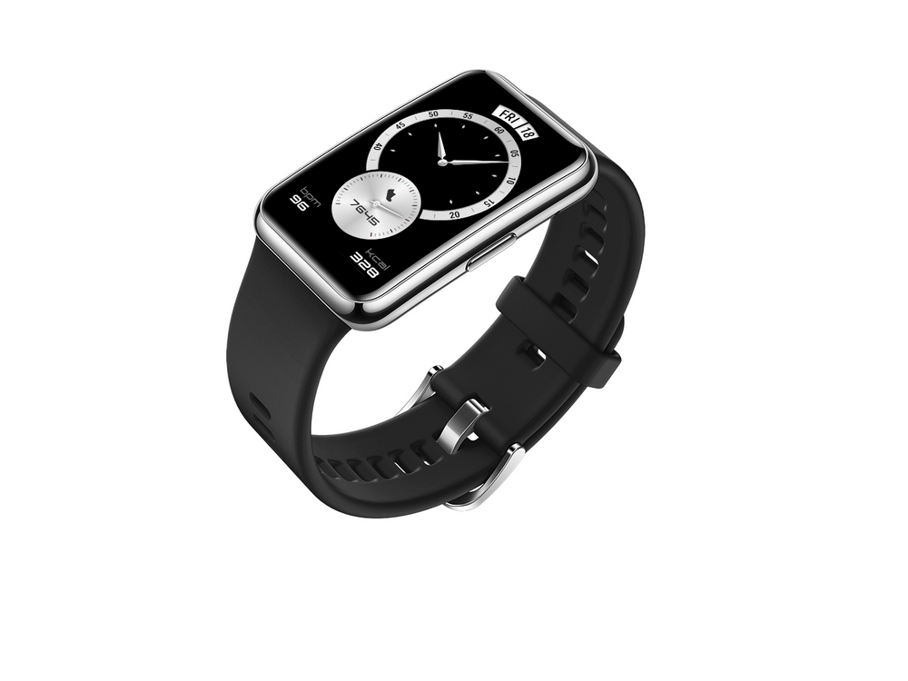 Reloj inteligente negro con pantalla rectangular y correa negra.