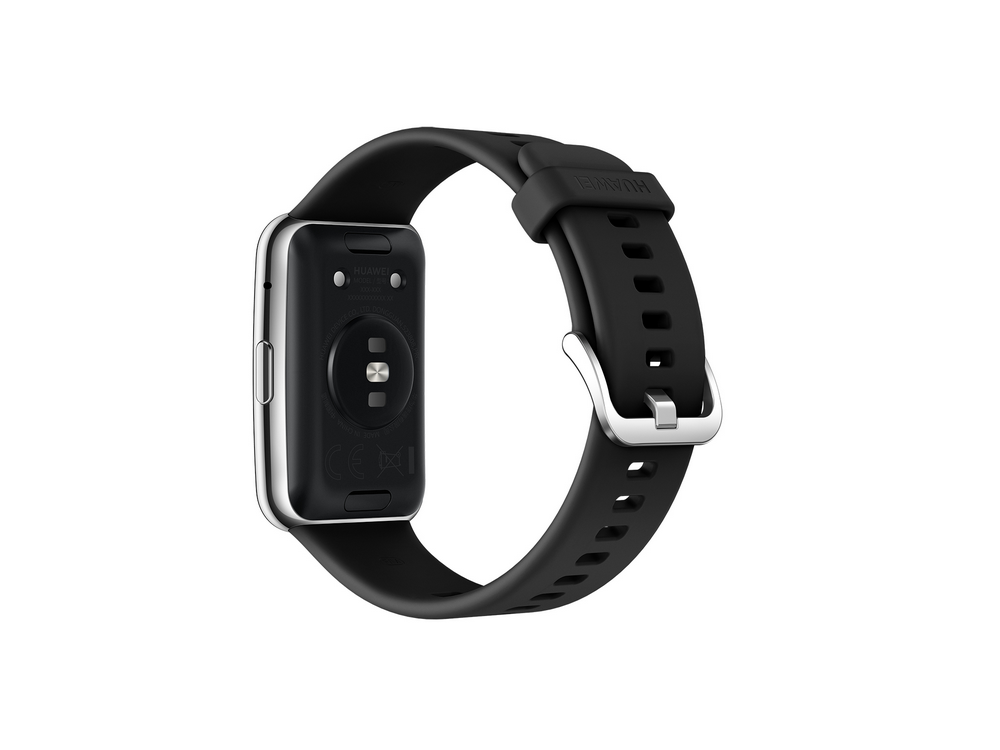 Vista trasera de un reloj inteligente negro con correa negra.