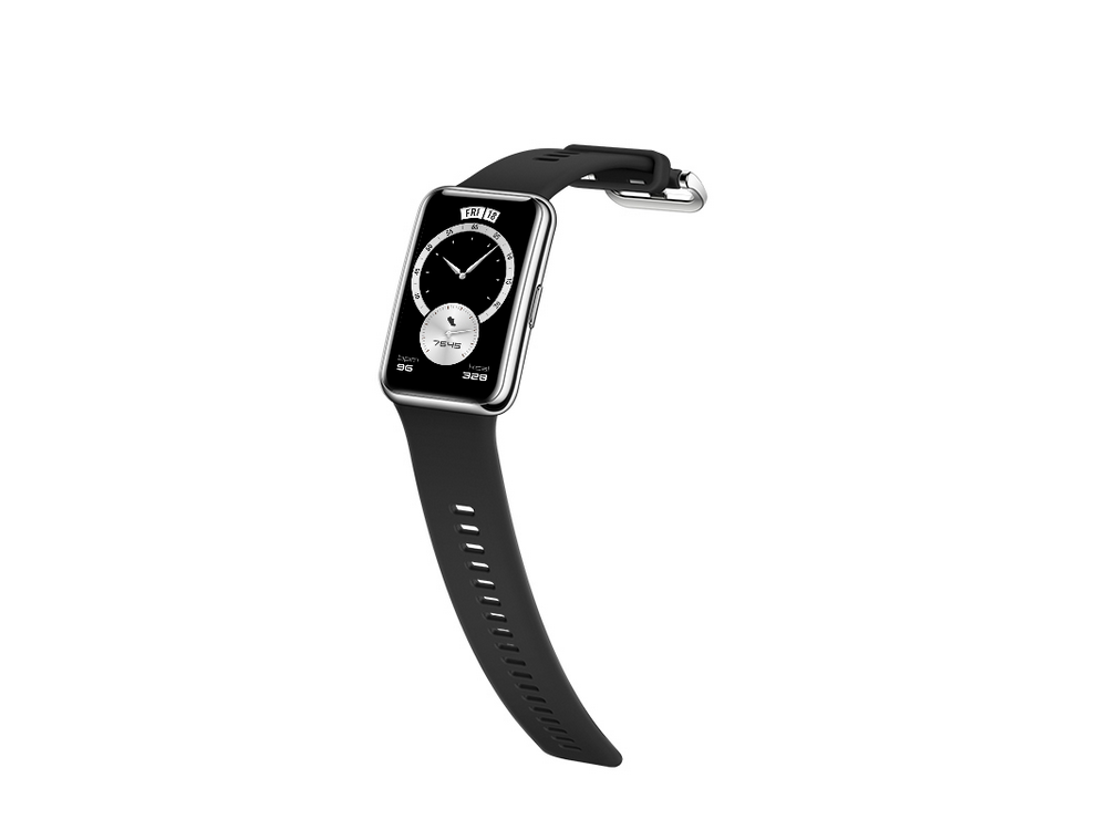 Smartwatch Huawei negra, correa negra. Fondo blanco.
