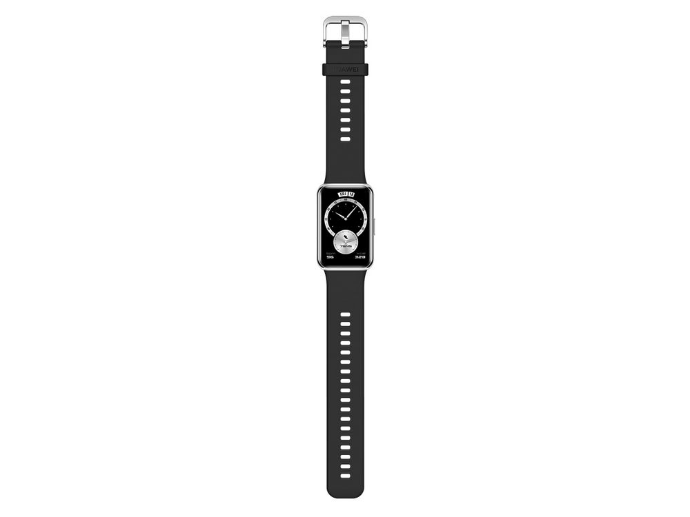 Un reloj inteligente sobre un fondo blanco. Tiene una correa negra y una pantalla cuadrada.