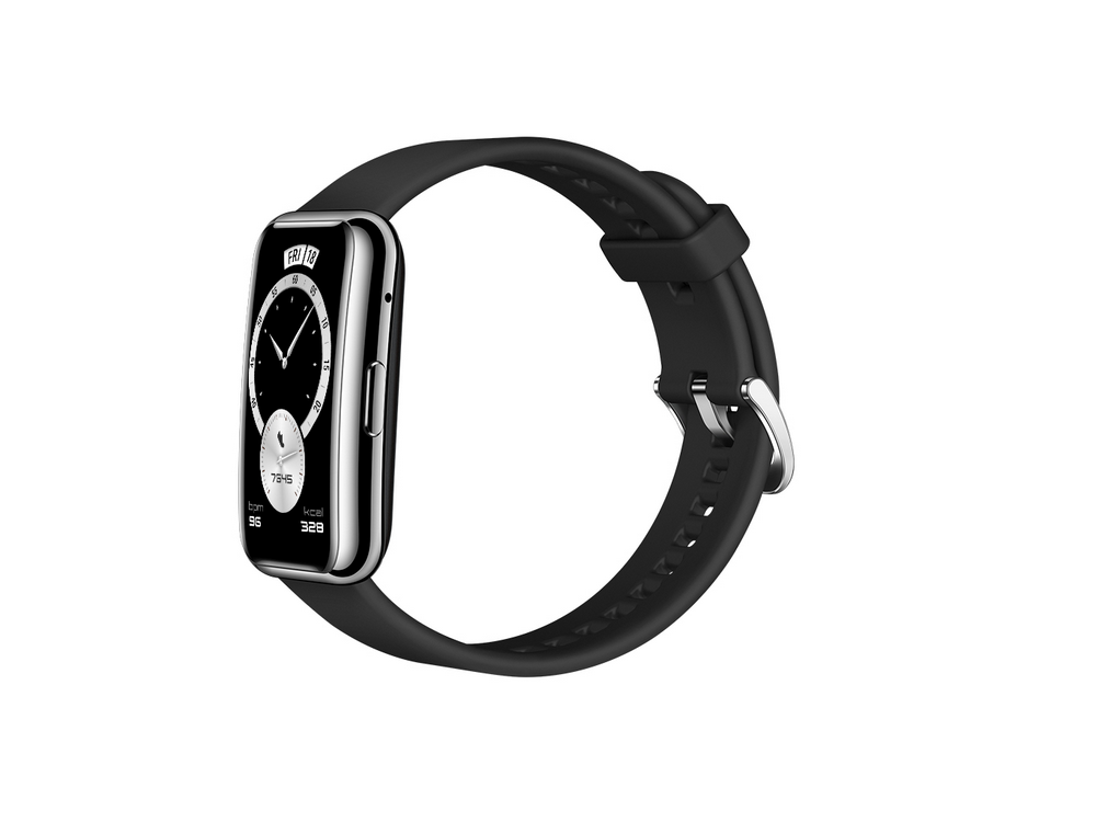 Un reloj inteligente negro sobre una superficie blanca.