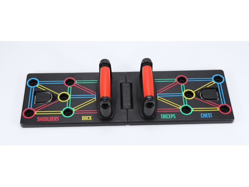 Una tabla de flexiones negra, con asas y marcadores de colores. Muestra áreas para hombros, espalda, tríceps, pecho.