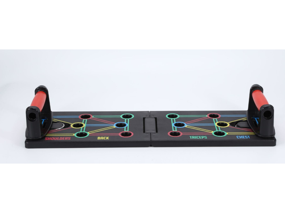 Tabla de flexiones negra con marcas de diferentes colores.