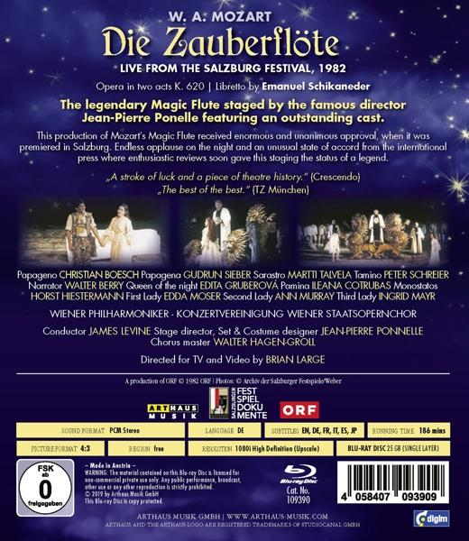Rückseite einer DVD-Hülle für 'Die Zauberflöte' mit Text und Bildern.