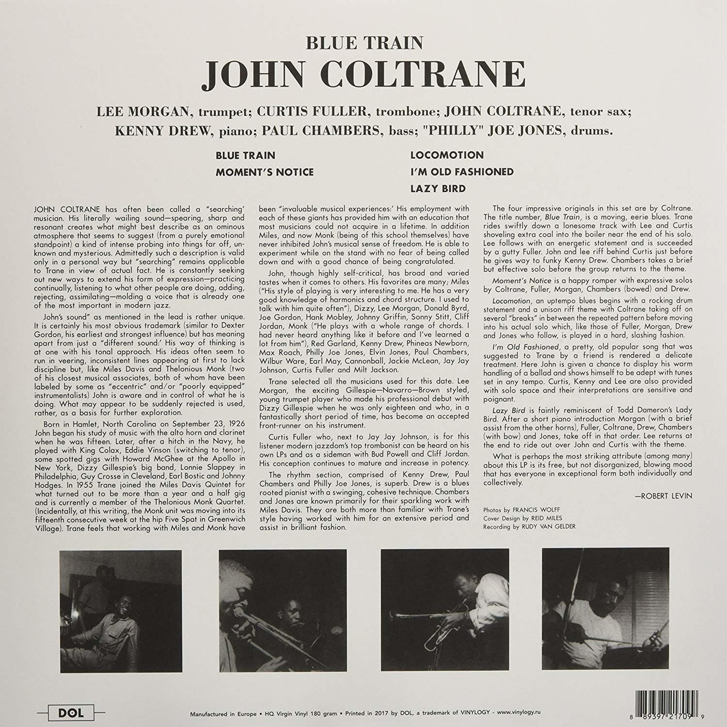 A Blue Train könyvborítója John Coltrane-től, szöveggel és a szaxofonozó képével.