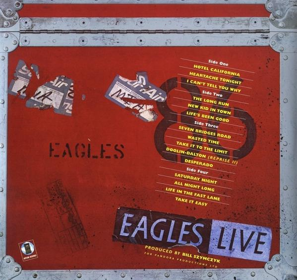Rotes Eagles Live-Albumcover mit Titelliste, einschließlich 'Hotel California'.