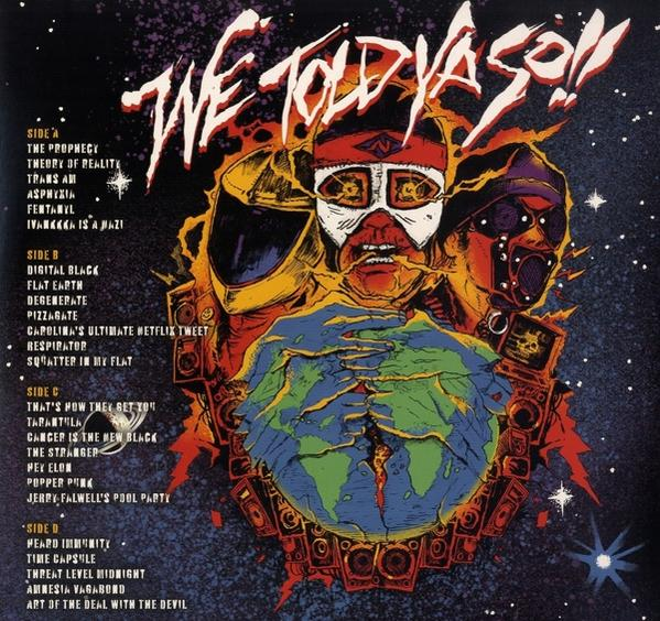 Albumcover mit einem cartoonartigen Bild. Es zeigt drei Figuren und einen Globus.