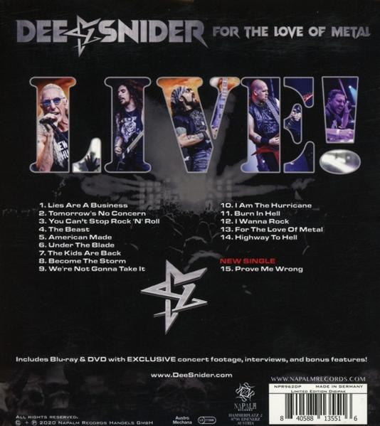 Dee Snider 'For the Love of Metal' Live! album cover, featuring the band and tracklist.