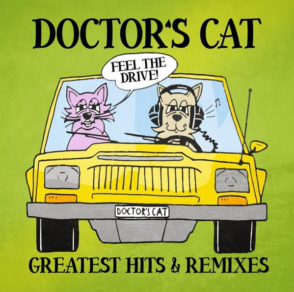 Cartoon-Bild von zwei Katzen in einem gelben Auto mit dem Titel "Doctor's Cat: Greatest Hits & Remixes".