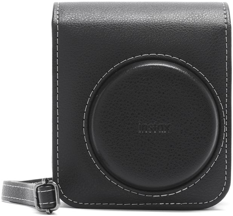 Custodia per fotocamera in pelle nera con cuciture bianche e un design circolare.