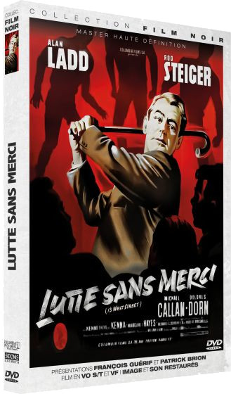 Film Noir DVD-hoes, man met wandelstok, zwart en rode achtergrond.