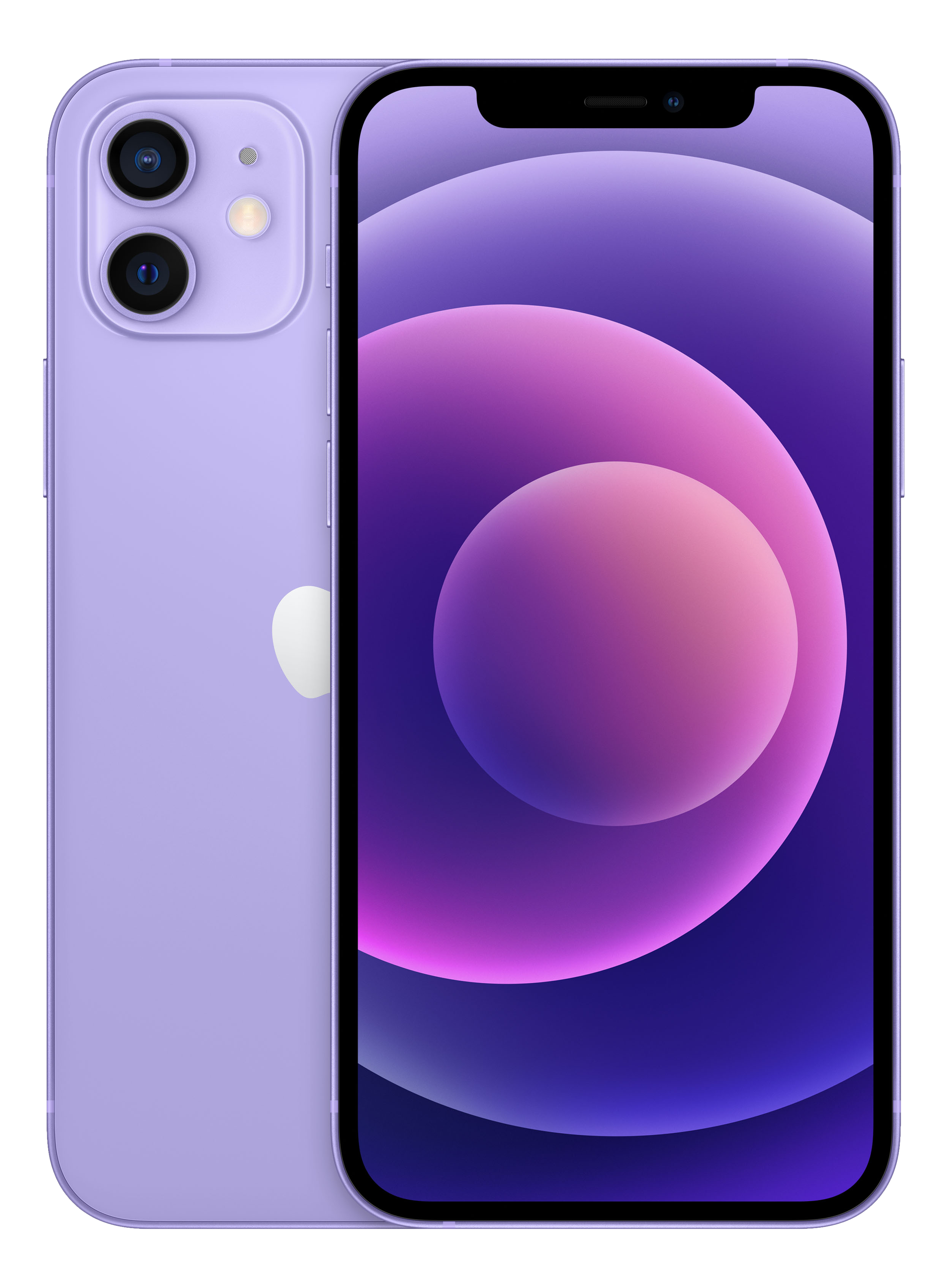 Lila iPhone 12. Zwei Seiten des Telefons vor schwarzem Hintergrund sichtbar.