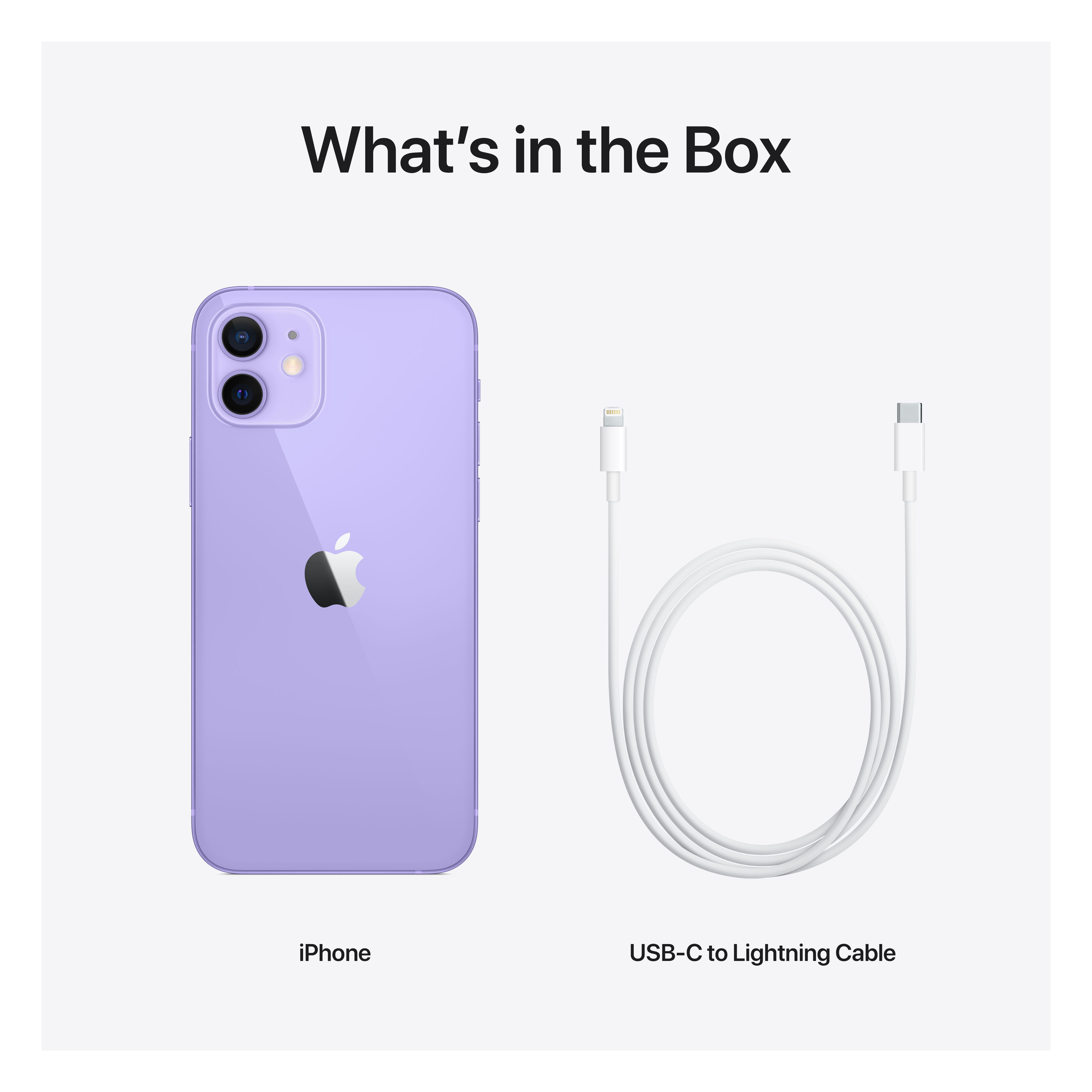 Ein iPhone in Lila, ein USB-C-auf-Lightning-Kabel. Weißer Hintergrund mit 'Was ist in der Box'.