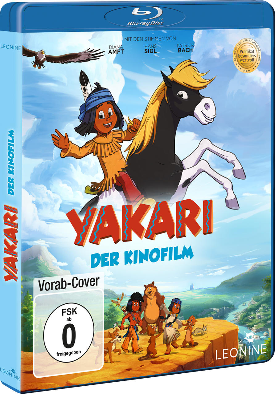 Blu-ray-Cover des Animationsfilms 'Yakari'. Zeigt einen indianischen Jungen auf einem Pferd und andere Charaktere.