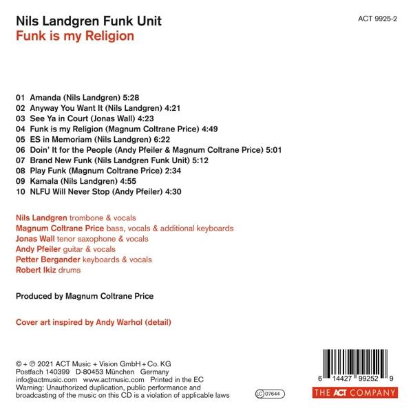Albumcover, Nils Landgren Funk Unit. Schwarzer und roter Text, Titelliste, Credits und ein Barcode.