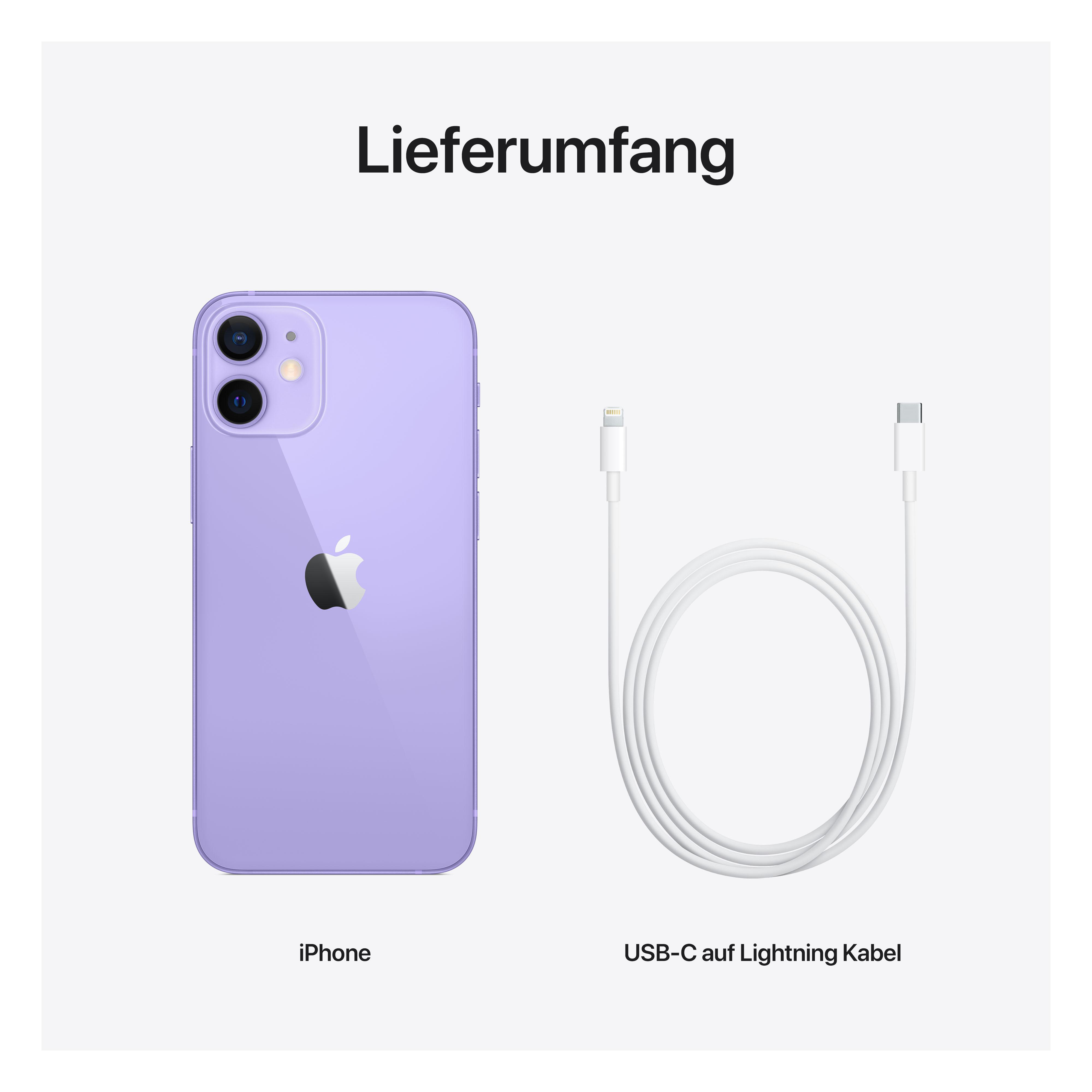 Ein violettes iPhone, ein weißes USB-C-auf-Lightning-Kabel und Text auf Deutsch.