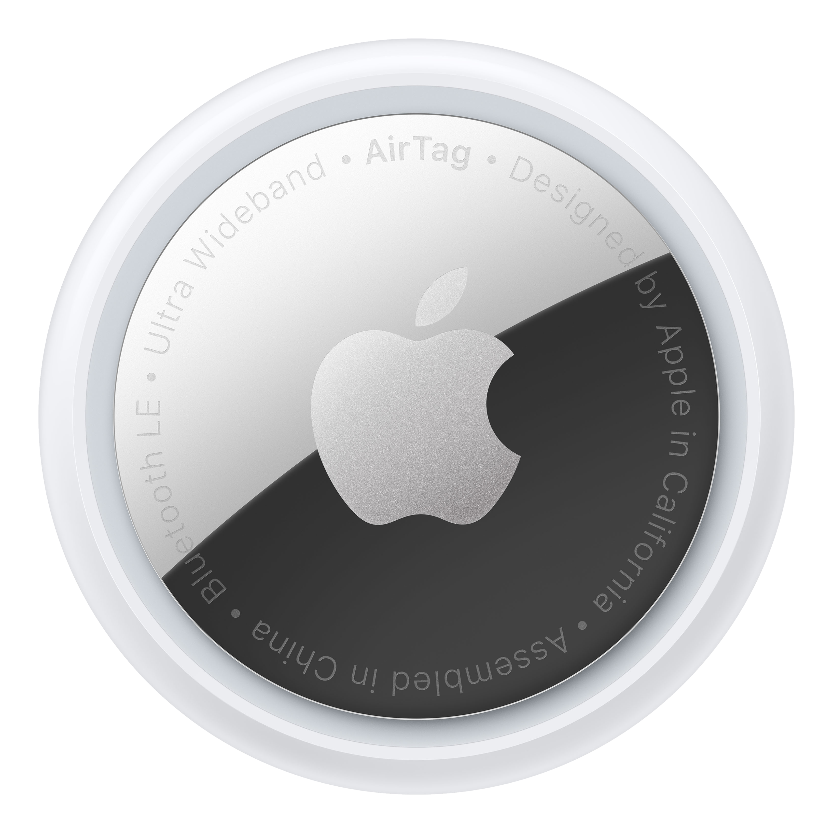 Ein weißes Apple AirTag mit einem schwarzen Kreis in der Mitte, der das Apple-Logo zeigt.