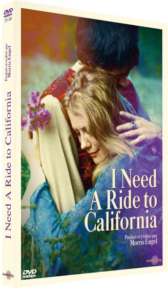 Couverture de DVD avec deux personnes qui s'embrassent, le titre dit 'I Need A Ride to California'. Fleurs pourpres.