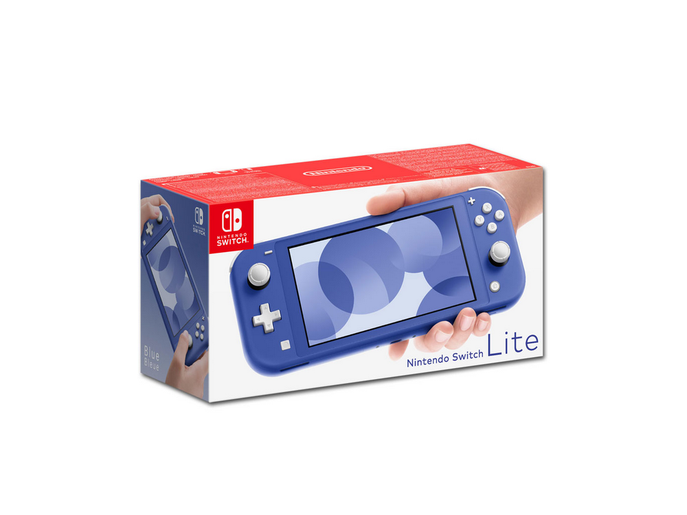 Consola Nintendo Switch Lite azul en caja. Una mano sostiene la consola. La caja es roja y blanca.