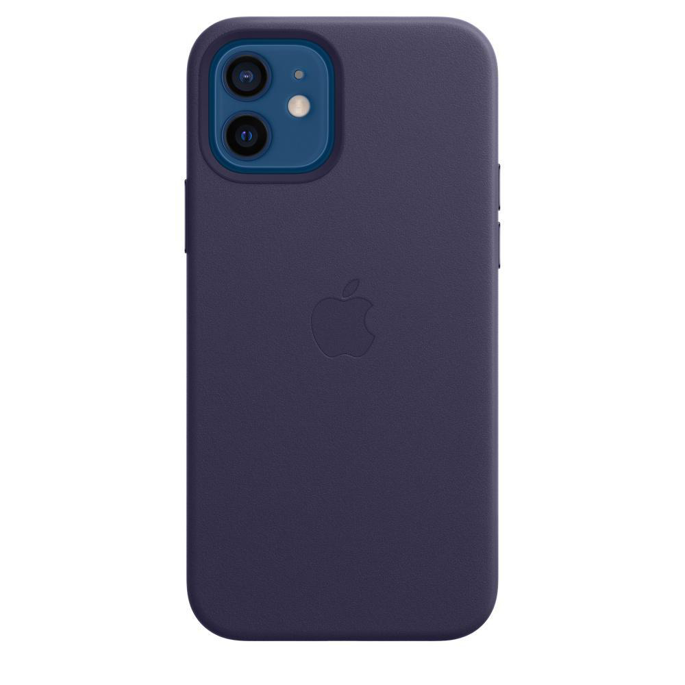 Blaue iPhone 12-Lederhülle mit geprägtem Apple-Logo auf der Rückseite.
