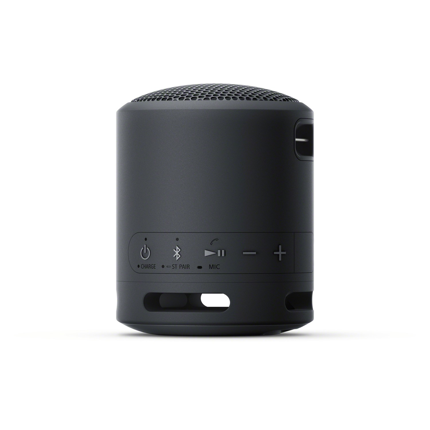 Altavoz portátil cilíndrico negro con botones de encendido, Bluetooth y control de volumen.
