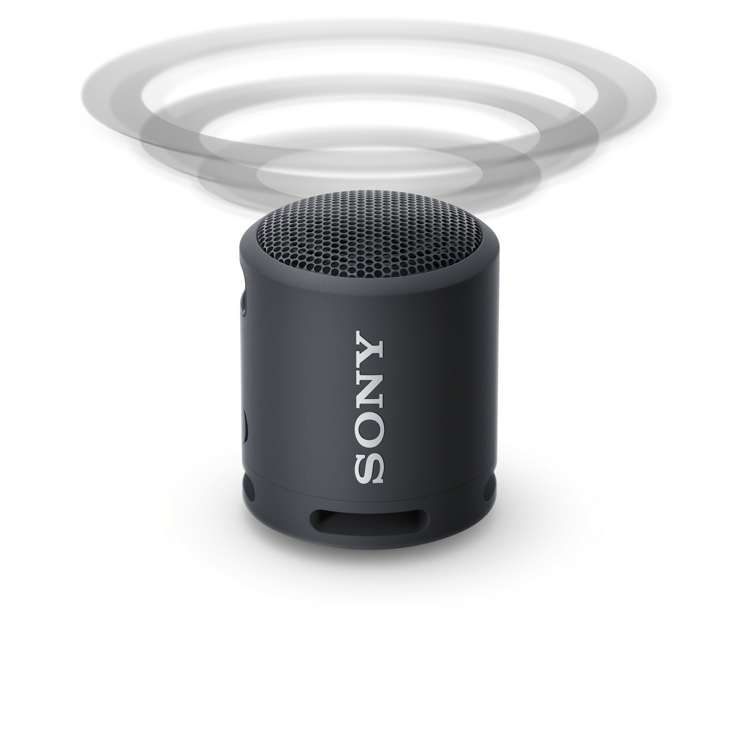 Un altavoz negro, cilíndrico, con la palabra 'SONY' en blanco en el lateral, con ondas de sonido.