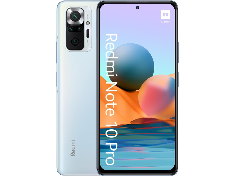 Teléfono Redmi Note 10 Pro, cuerpo blanco, vista trasera y frontal, con protuberancia de la cámara.