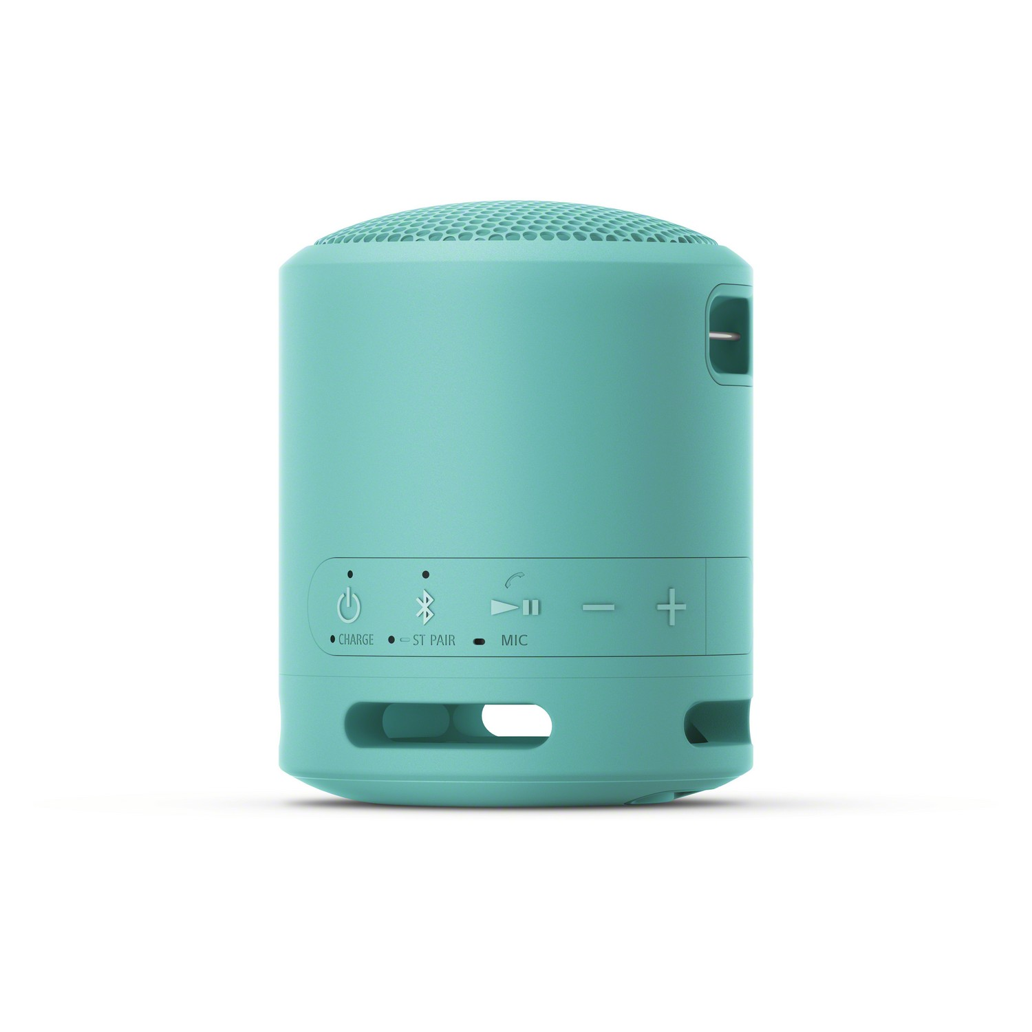 Altavoz turquesa. Botones de encendido, Bluetooth, micrófono. Cilindrico, con malla.