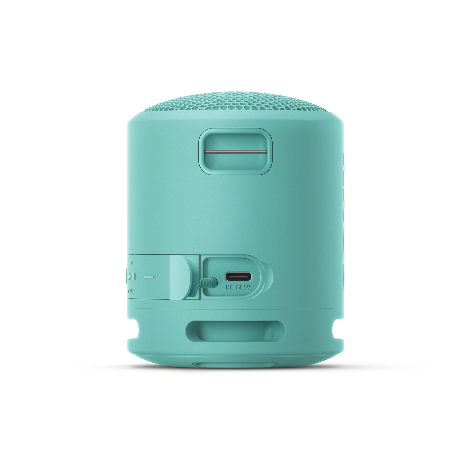 Altavoz turquesa con botones de control y un puerto USB.
