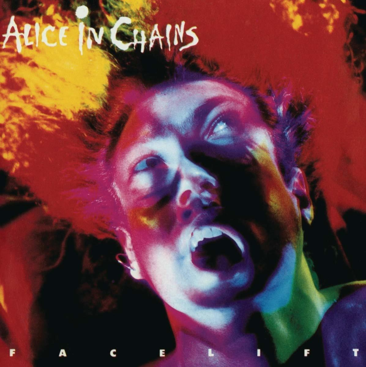 Albumcover: Gesicht in Rot mit offenem Mund, Text 'Alice In Chains' und 'Facelift'.