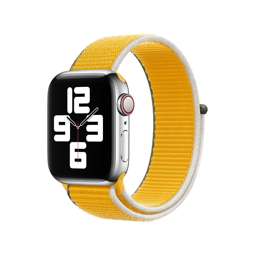 Smartwatch mit gelb-weißem Armband. Schwarzer Bildschirm, zeigt Zahlen.