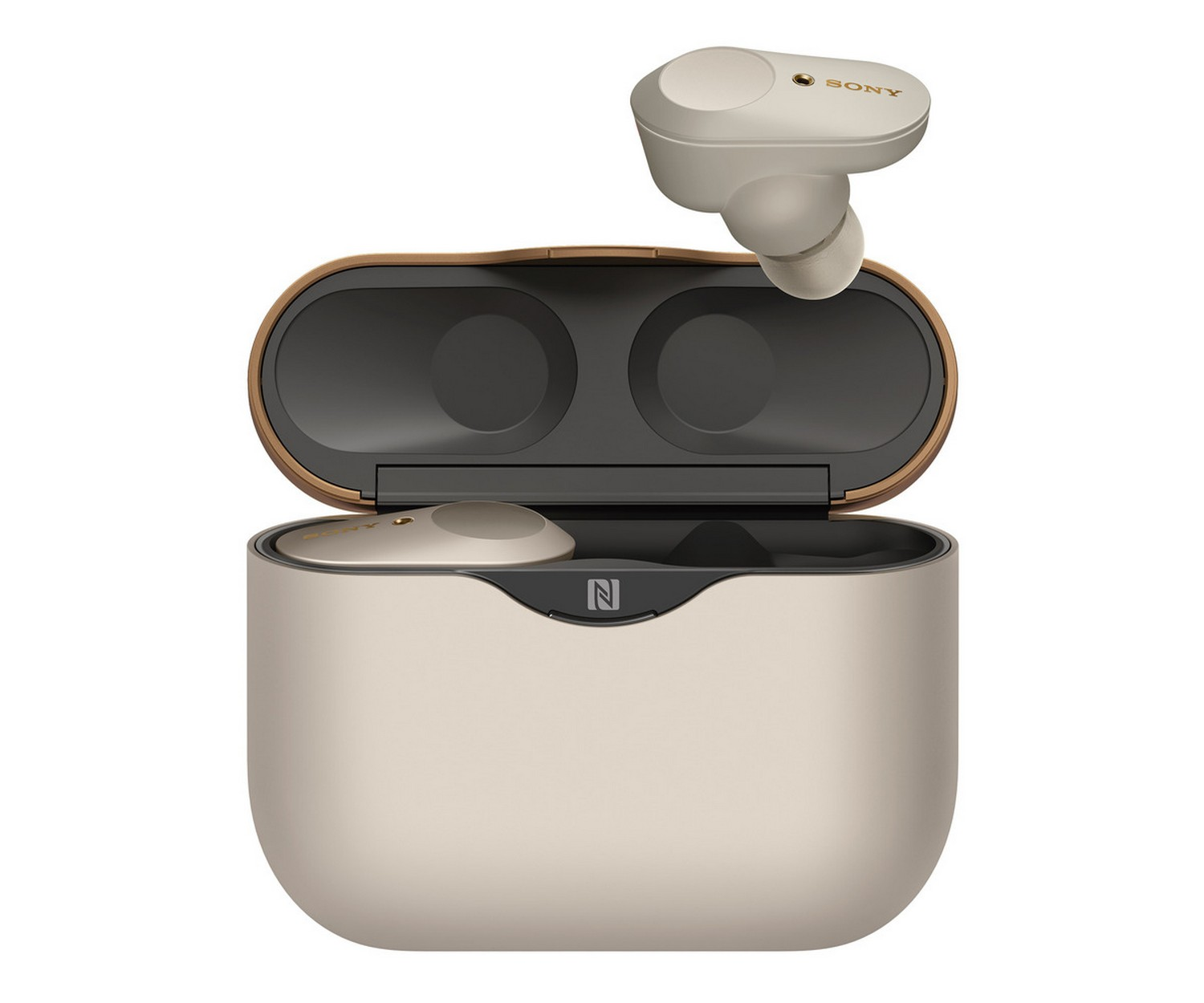 Auriculares y estuche beige, logotipo de Sony en el auricular.