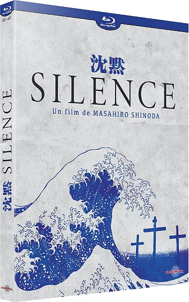 Blu-ray-hoes voor 'Silence', met Japanse tekst, golfontwerp en kruisen.