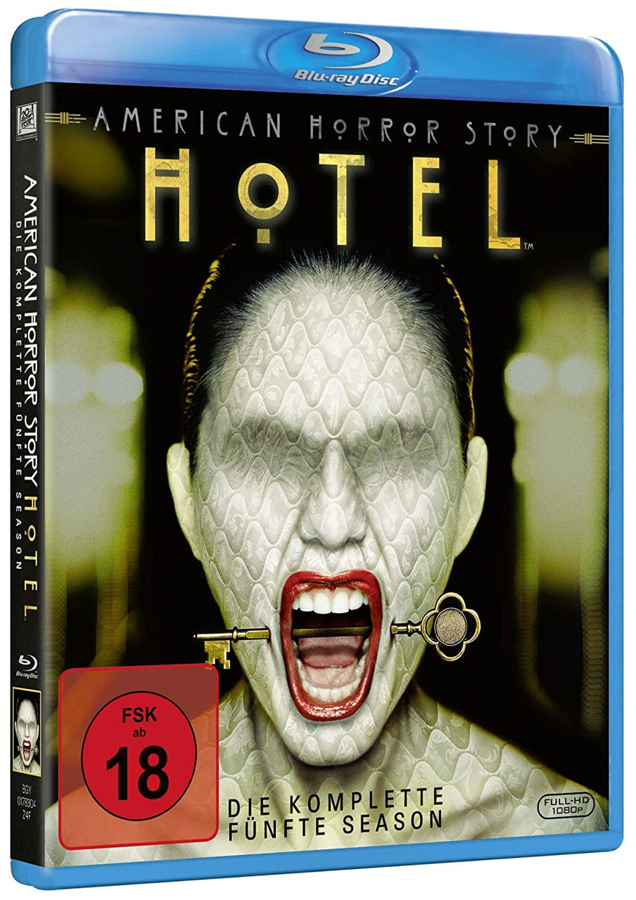 DVD-Cover für American Horror Story: Hotel. Eine Frau mit Schlüsseln im Mund.