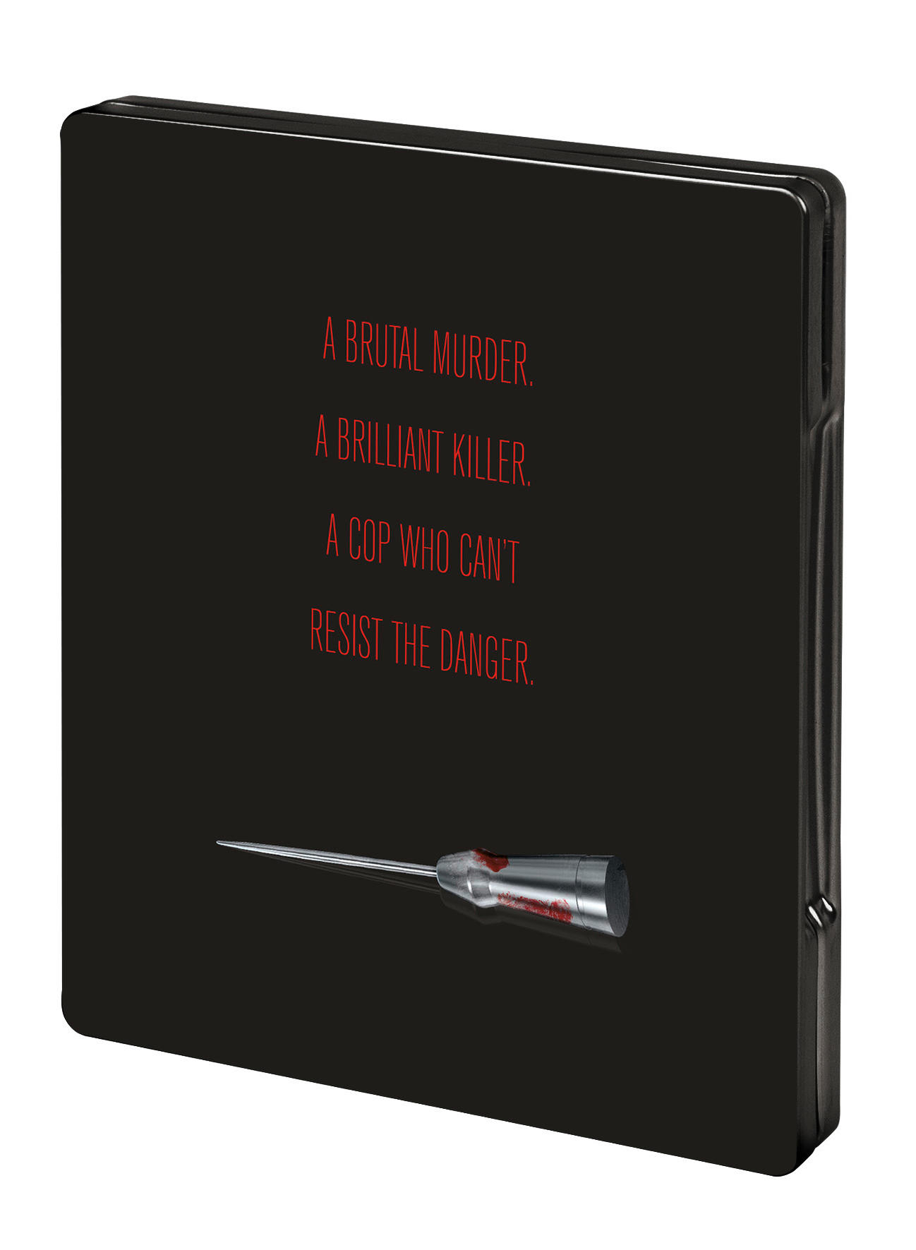 Eine schwarze DVD-Hülle mit rotem Text und einer Spritze mit Blut.