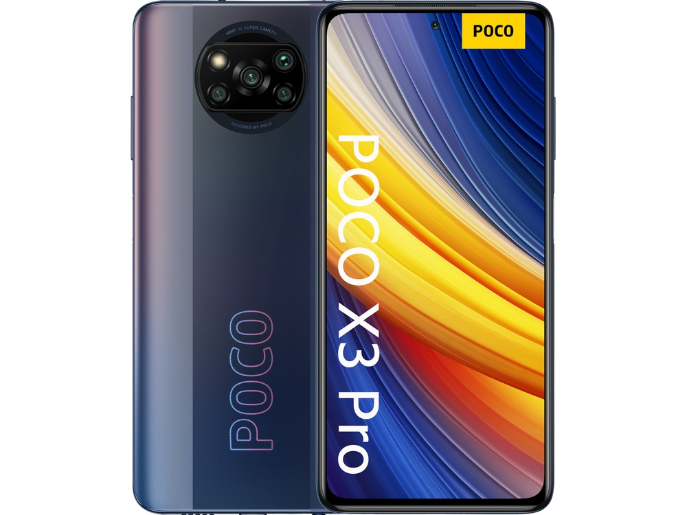 Un smartphone POCO X3 Pro. La parte trasera muestra un módulo de cámara y el logotipo de POCO. La pantalla muestra un fondo abstracto y colorido.