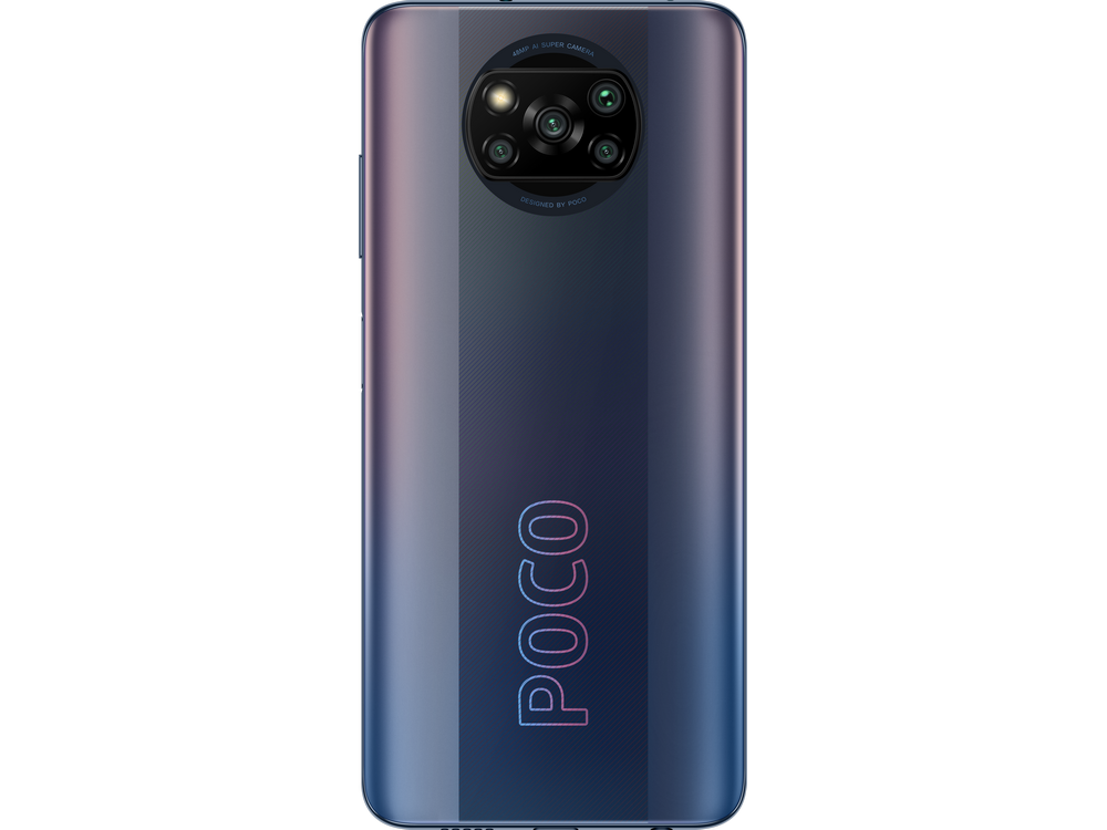 La parte trasera de un teléfono inteligente POCO X3 Pro.