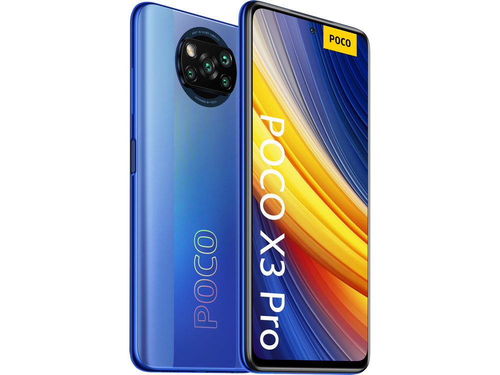 Un teléfono azul Poco X3 Pro, mostrando la parte trasera con cámaras y la delantera con el logo Poco.