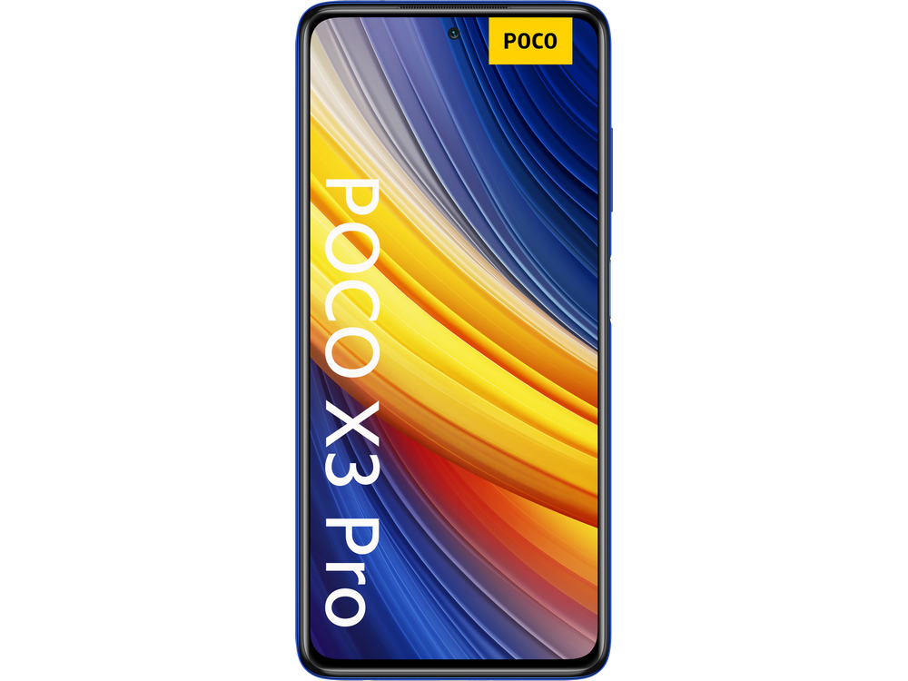 Teléfono Poco X3 Pro azul con una pantalla de gradiente colorida.