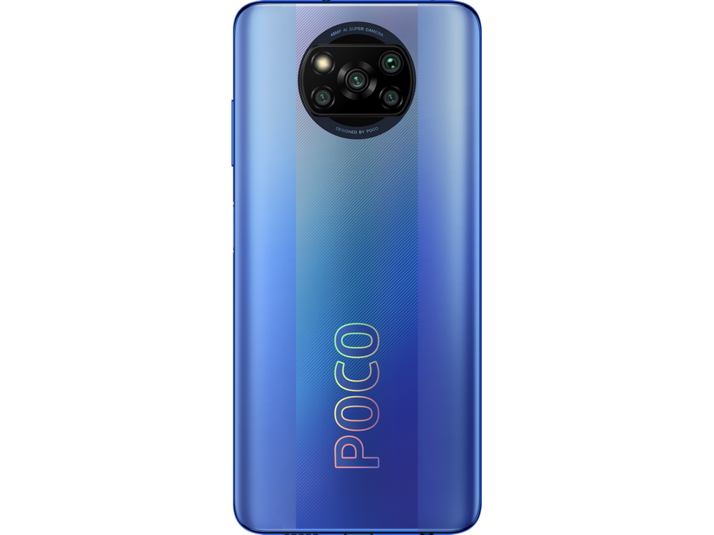 Parte trasera del teléfono Poco X3 Pro azul que muestra la matriz de la cámara y el logotipo de Poco.