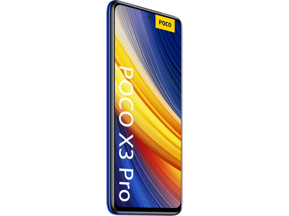 Teléfono Poco X3 Pro azul. Logotipo Poco amarillo. Fondo blanco.