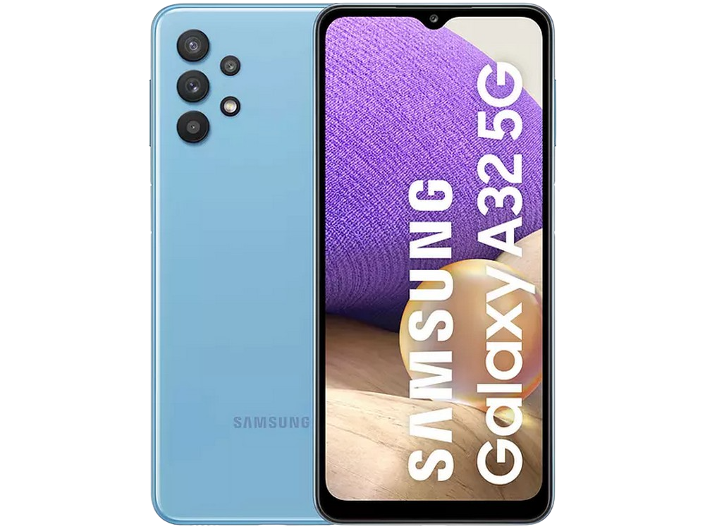 Teléfono Samsung Galaxy A32 5G azul claro. Tres cámaras en la parte superior izquierda.