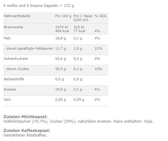 Eine Nährwerttabelle mit Details zu Makronährstoffen und Zutaten, einschließlich Milch und Kaffee.