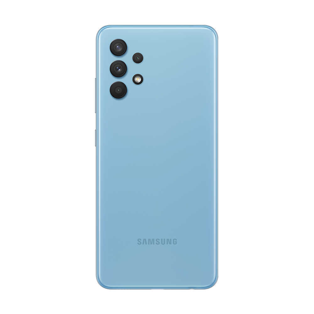 Açık mavi Samsung telefonun arkadan görünümü, çoklu kameralar. Siyah zemin.